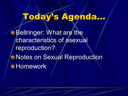 Today’s Agenda… Bellringer: What are the characteristics of asexual reproduction? Notes on Sexual Reproduction Homework.
