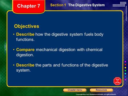 Chapter 7 Section 1  The Digestive System Objectives