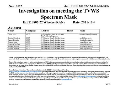 Doc.: IEEE 802.22-12-0101-00-000b Submission Nov., 2012 NICTSlide 1 Investigation on meeting the TVWS Spectrum Mask IEEE P802.22 Wireless RANs Date: 2011-11-9.