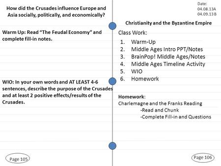 Christianity and the Byzantine Empire Page 105 Warm Up: Read “The Feudal Economy” and complete fill-in notes. Page 106 Class Work: Date: 04.08.13A 04.09.13.