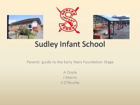Sudley Infant School Parents’ guide to the Early Years Foundation Stage A Doyle J Morris S O’Rourke.