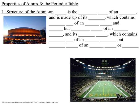 Properties of Atoms & the Periodic Table I. Structure of the Atom-an _____ is the ________ ____ of an _______, and is made up of its _______, which contains.