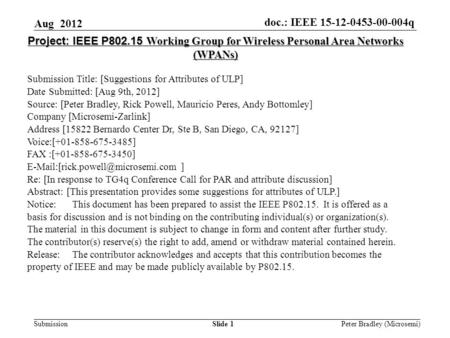 Doc.: IEEE 15-12-0453-00-004q Submission Slide 1 Project: IEEE P802.15 Working Group for Wireless Personal Area Networks (WPANs) Submission Title: [Suggestions.