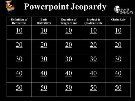 Powerpoint Jeopardy Definition of Derivatives Basic Derivatives Equation of Tangent Line Product & Quotient Rule Chain Rule 10 20 30 40 50.