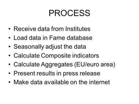 PROCESS Receive data from Institutes Load data in Fame database Seasonally adjust the data Calculate Composite indicators Calculate Aggregates (EU/euro.