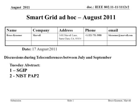 Doc.: IEEE 802.11-11/1112r2 Submission August 2011 Bruce Kraemer, MarvellSlide 1 Smart Grid ad hoc – August 2011 Date: 17 August 2011 Discussions during.