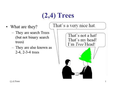 (2,4) Trees1 What are they? –They are search Trees (but not binary search trees) –They are also known as 2-4, 2-3-4 trees.
