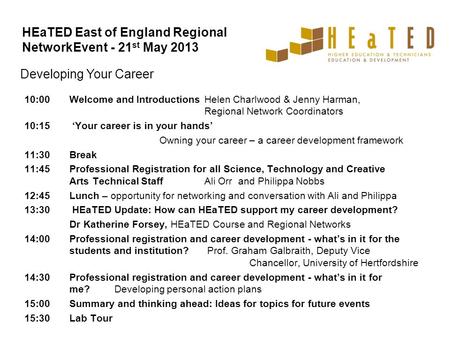 10:00 Welcome and Introductions Helen Charlwood & Jenny Harman, Regional Network Coordinators 10:15 ‘Your career is in your hands’ Owning your career –