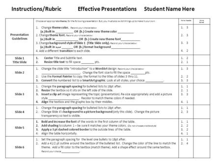 Instructions/RubricEffective Presentations Student Name Here Presentation Guidelines Choose an appropriate theme, for the following presentation. But,