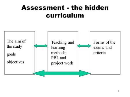 1 Assessment - the hidden curriculum The aim of the study goals objectives Forms of the exams and criteria Teaching and learning methods: PBL and project.