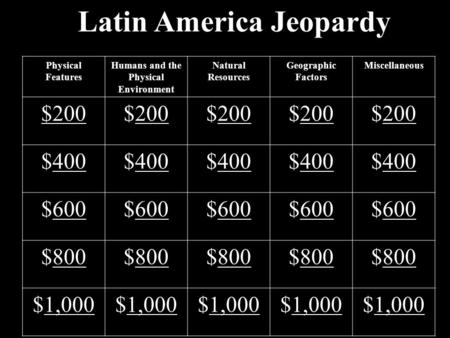 Latin America Jeopardy Physical Features Humans and the Physical Environment Natural Resources Geographic Factors Miscellaneous $200 200$200200$200200$200200.