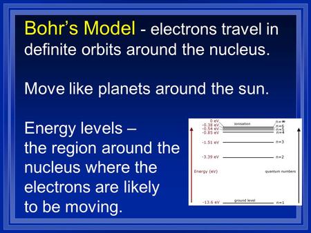 Bohr’s Model - electrons travel in definite orbits around the nucleus. Move like planets around the sun. Energy levels – the region around the nucleus.