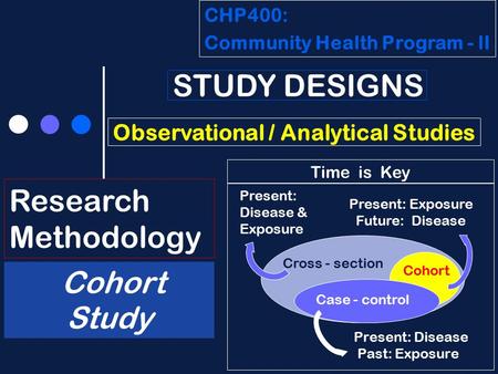 CHP400: Community Health Program - lI Research Methodology STUDY DESIGNS Observational / Analytical Studies Cohort Study Present: Disease Past: Exposure.