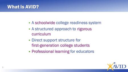 What is AVID? schoolwide  A schoolwide college readiness system rigorous curriculum  A structured approach to rigorous curriculum first-generation college.