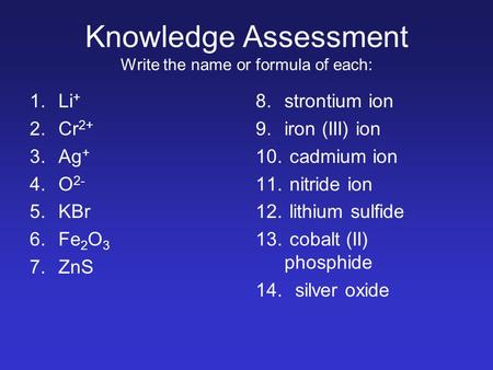 Knowledge Assessment Write the name or formula of each: 1.Li + 2.Cr 2+ 3.Ag + 4.O 2- 5.KBr 6.Fe 2 O 3 7.ZnS 8.strontium ion 9.iron (III) ion 10. cadmium.