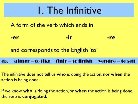 1. The Infinitive A form of the verb which ends in -er -ir -re