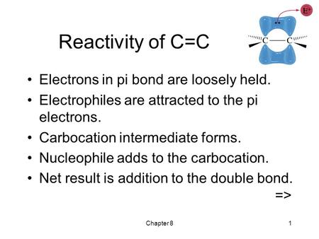 Reactivity of C=C Electrons in pi bond are loosely held.