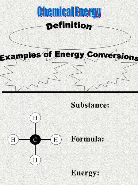 C H H HH Substance: Formula: Energy:. O H H COO Substance: Formula: Energy: Substance: Formula: Energy: