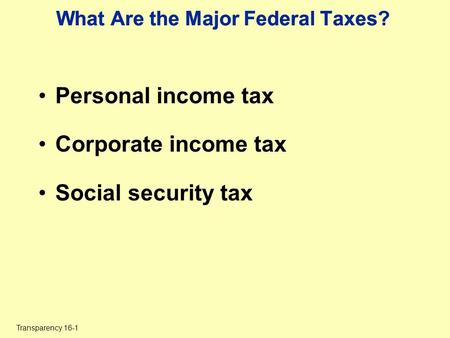 Transparency 16-1 What Are the Major Federal Taxes? Personal income tax Corporate income tax Social security tax.