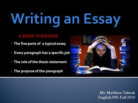  The five parts of a typical essay  The role of the thesis statement  The purpose of the paragraph  Every paragraph has a specific job Mr. Matthew.