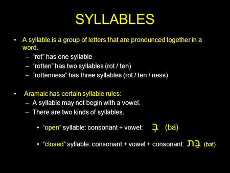 SYLLABLES A syllable is a group of letters that are pronounced together in a word. –“rot” has one syllable –“rotten” has two syllables (rot / ten) –“rottenness”