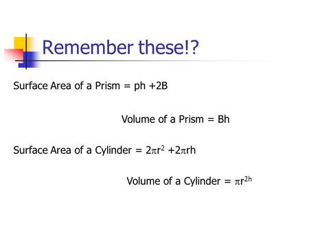 Remember these!? Surface Area of a Prism = ph +2B