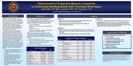 Determinants of Subjective Memory Complaints in Community-dwelling Adults with Traumatic Brain Injury Esther Bay, PhD; Bruno Giordani, PhD; Claire Kalpakjian,
