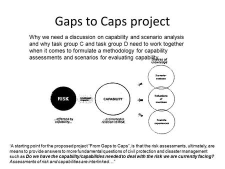 Gaps to Caps project Why we need a discussion on capability and scenario analysis and why task group C and task group D need to work together when it comes.