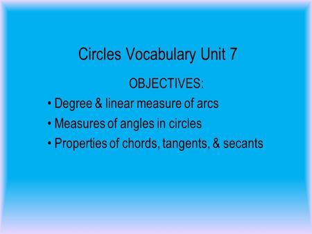 Circles Vocabulary Unit 7 OBJECTIVES: Degree & linear measure of arcs Measures of angles in circles Properties of chords, tangents, & secants.