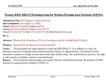 Doc.: IEEE 802.15-99/146r0 Submission November 1999 Robert F. Heile, GTESlide 1 Project: IEEE P802.15 Working Group for Wireless Personal Area Networks.