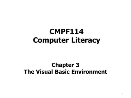 CMPF114 Computer Literacy Chapter 3 The Visual Basic Environment 1.