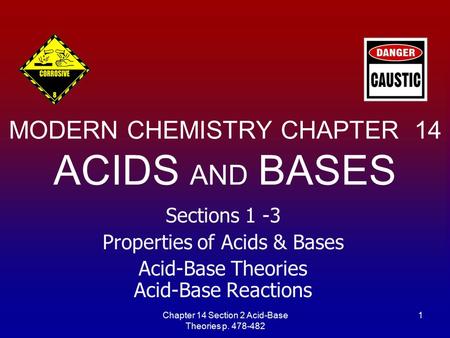 Chapter 14 Section 2 Acid-Base Theories p. 478-482 1 Sections 1 -3 Properties of Acids & Bases Acid-Base Theories Acid-Base Reactions MODERN CHEMISTRY.