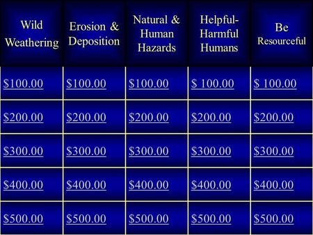 WildWeathering Erosion & Deposition Natural & Human Hazards Helpful- Harmful Humans Be Resourceful $100.00 $ 100.00 $ 100.00 $ 100.00 $ 100.00 $200.00.