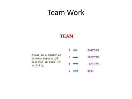 Team Work. Why we need team work Steps in Team Work 10 steps.