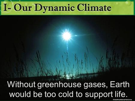 I- Our Dynamic Climate Without greenhouse gases, Earth would be too cold to support life.