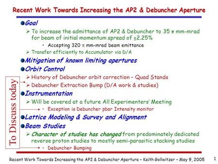 Recent Work Towards Increasing the AP2 & Debuncher Aperture – Keith Gollwitzer – May 9, 2005 1 Recent Work Towards Increasing the AP2 & Debuncher Aperture.