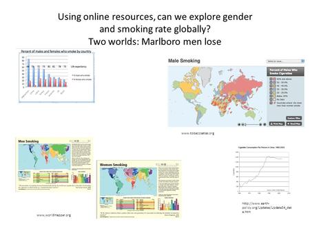 Using online resources, can we explore gender and smoking rate globally? Two worlds: Marlboro men lose   policy.org/Updates/Update34_dat.