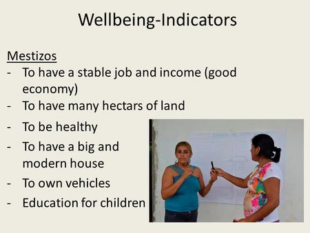 Wellbeing-Indicators -To be healthy -To have a big and modern house -To own vehicles -Education for children Mestizos -To have a stable job and income.