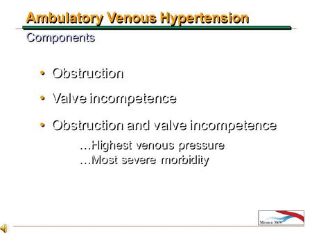 Ambulatory Venous Hypertension Components Obstruction Valve incompetence Obstruction Valve incompetence Obstruction and valve incompetence …Highest venous.