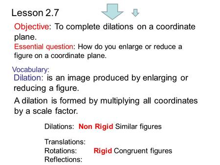 Lesson 2.7 Objective: To complete dilations on a coordinate plane.