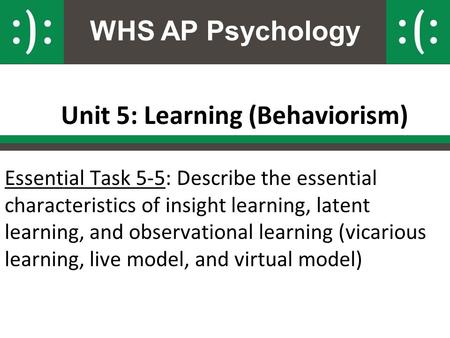 WHS AP Psychology Unit 5: Learning (Behaviorism) Essential Task 5-5: Describe the essential characteristics of insight learning, latent learning, and observational.