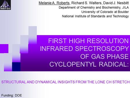 FIRST HIGH RESOLUTION INFRARED SPECTROSCOPY OF GAS PHASE CYCLOPENTYL RADICAL: STRUCTURAL AND DYNAMICAL INSIGHTS FROM THE LONE CH STRETCH Melanie A. Roberts,