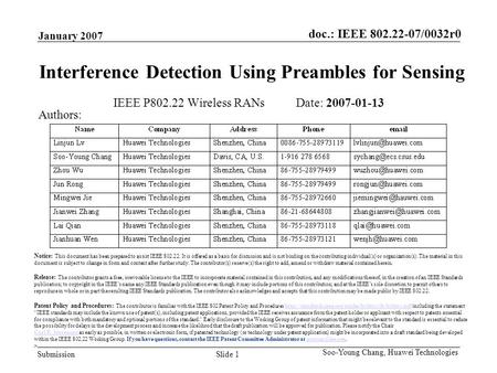 Doc.: IEEE 802.22-07/0032r0 Submission January 2007 Slide 1 Soo-Young Chang, Huawei Technologies Interference Detection Using Preambles for Sensing IEEE.