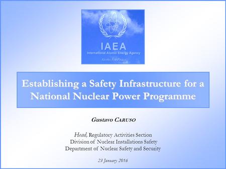 23 January 2016 Gustavo C ARUSO Head, Regulatory Activities Section Division of Nuclear Installations Safety Department of Nuclear Safety and Security.