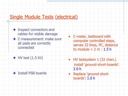 Single Module Tests (electrical) Inspect connectors and cables for visible damage C-measurement: make sure all pads are correctly connected HV test (1.5.