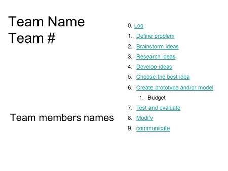 Team Name Team # Team members names 0. Log Define problem
