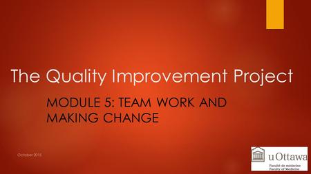 The Quality Improvement Project MODULE 5: TEAM WORK AND MAKING CHANGE October 2015.