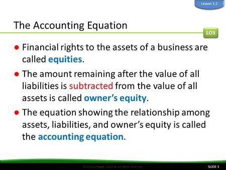 © 2014 Cengage Learning. All Rights Reserved. The Accounting Equation ●Financial rights to the assets of a business are called equities. ●The amount remaining.