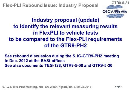 GTR9-6-21 Industry proposal (update) to identify the relevant measuring results in FlexPLI to vehicle tests to be compared to the Flex-PLI requirements.