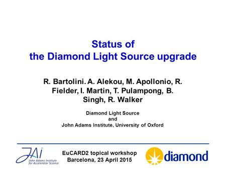 Status of the Diamond Light Source upgrade EuCARD2 topical workshop Barcelona, 23 April 2015 R. Bartolini. A. Alekou, M. Apollonio, R. Fielder, I. Martin,